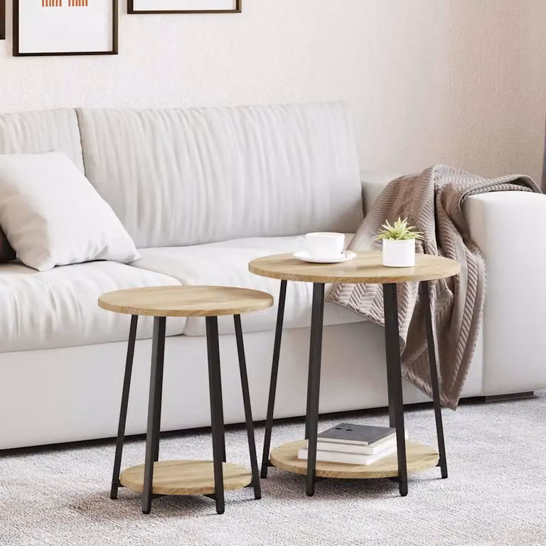 Set di 2 tavolini rotondi vidaXL in stile industriale, colore Rovere e Nero, L/P/H: 50 x 50 x 51 cm