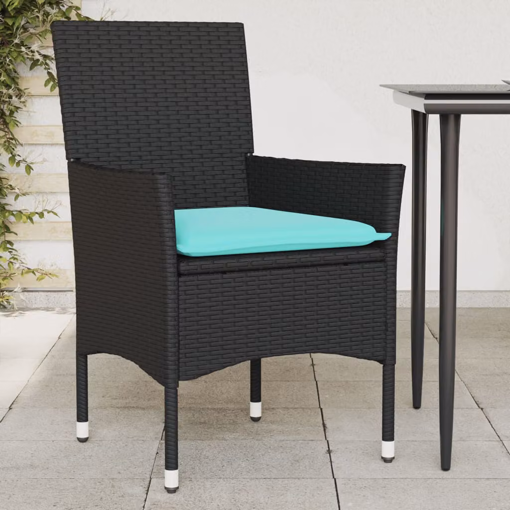 Set di 2 sedie da giardino vidaXL in polyrattan nere con cuscini blu e braccioli