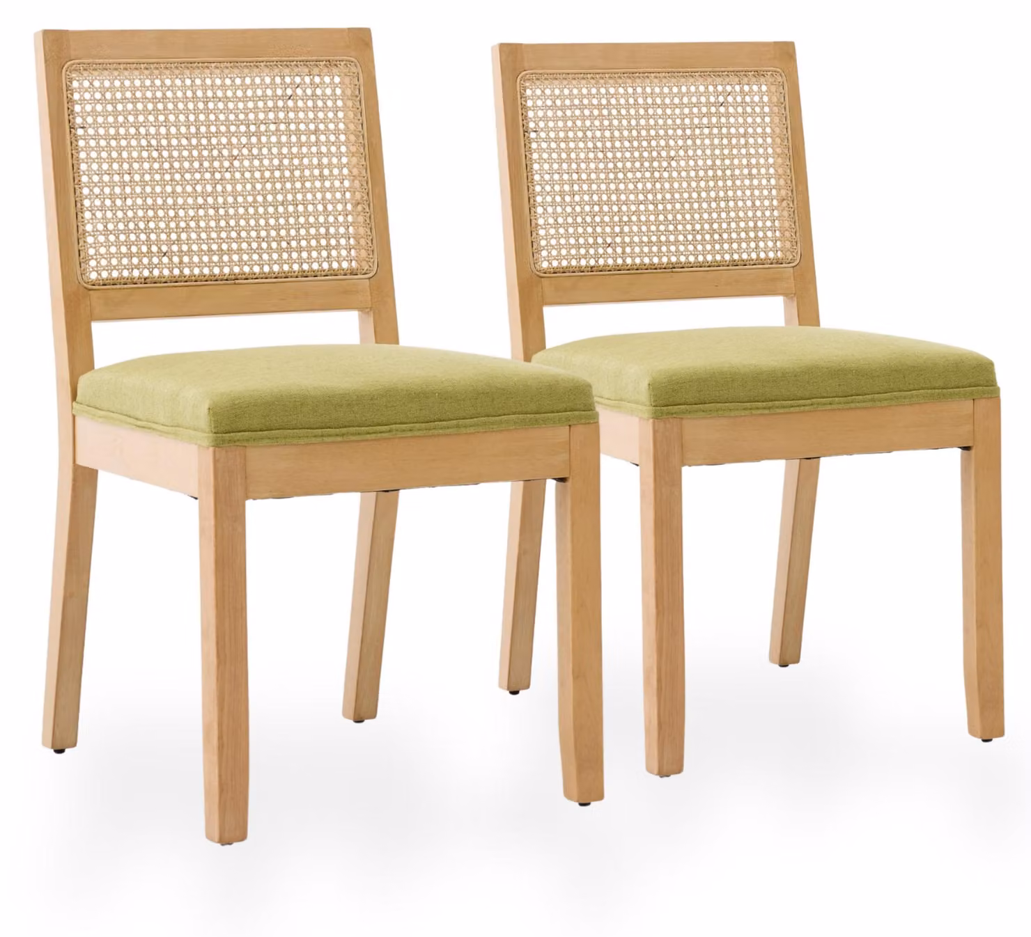 Set di 2 poltrone da pranzo in lino, con seduta in vimini "alla viennese" e struttura in legno naturale, color verde oliva