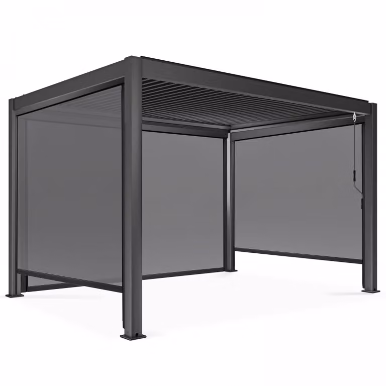 Pergola bioclimatica autoportante 3 x 4 m con 3 tende grigie - Oviala Athenes