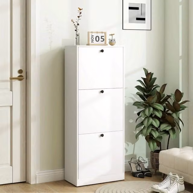 Scarpiera con 3 ribalte e ripiani regolabili, salvaspazio per ingresso, in legno, bianco, 47 × 26 × 120 cm