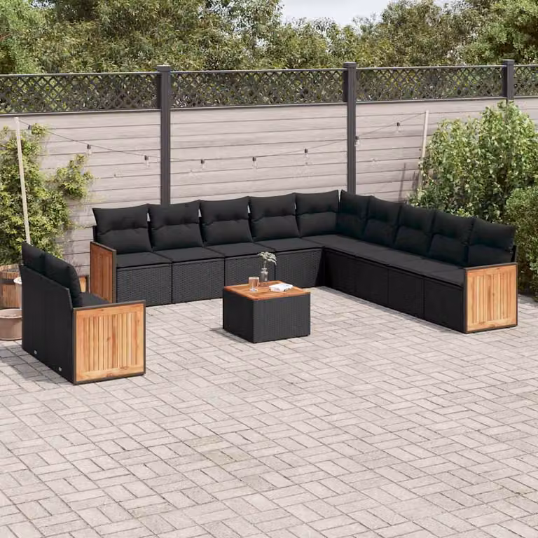 vidaXL Set Divani da Giardino 12 pz in Polyrattan Nero con Cuscini e Tavolino da Caffè
