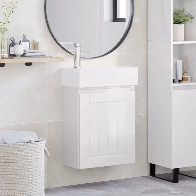 Mobile bagno moderno vidaXL Bianco Lucido con rubinetto, sospeso, L: 45,5 cm, P: 25,5 cm, H: 84 cm