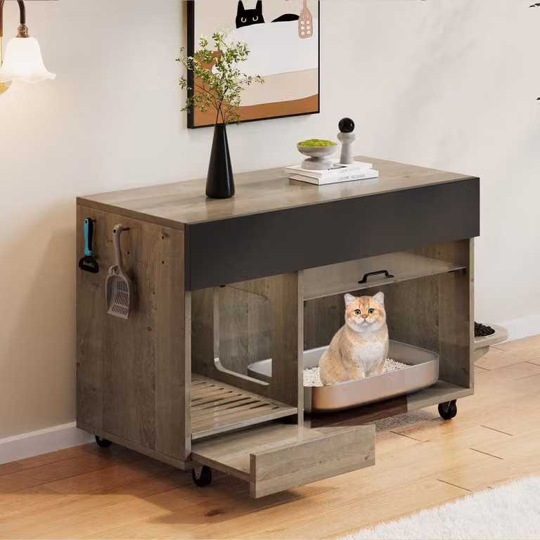 Mobiletto per gatti - Mobile contenitore - Armadio - Dispenser per cibo per gatti - Mobile per la lettiera - Colore naturale