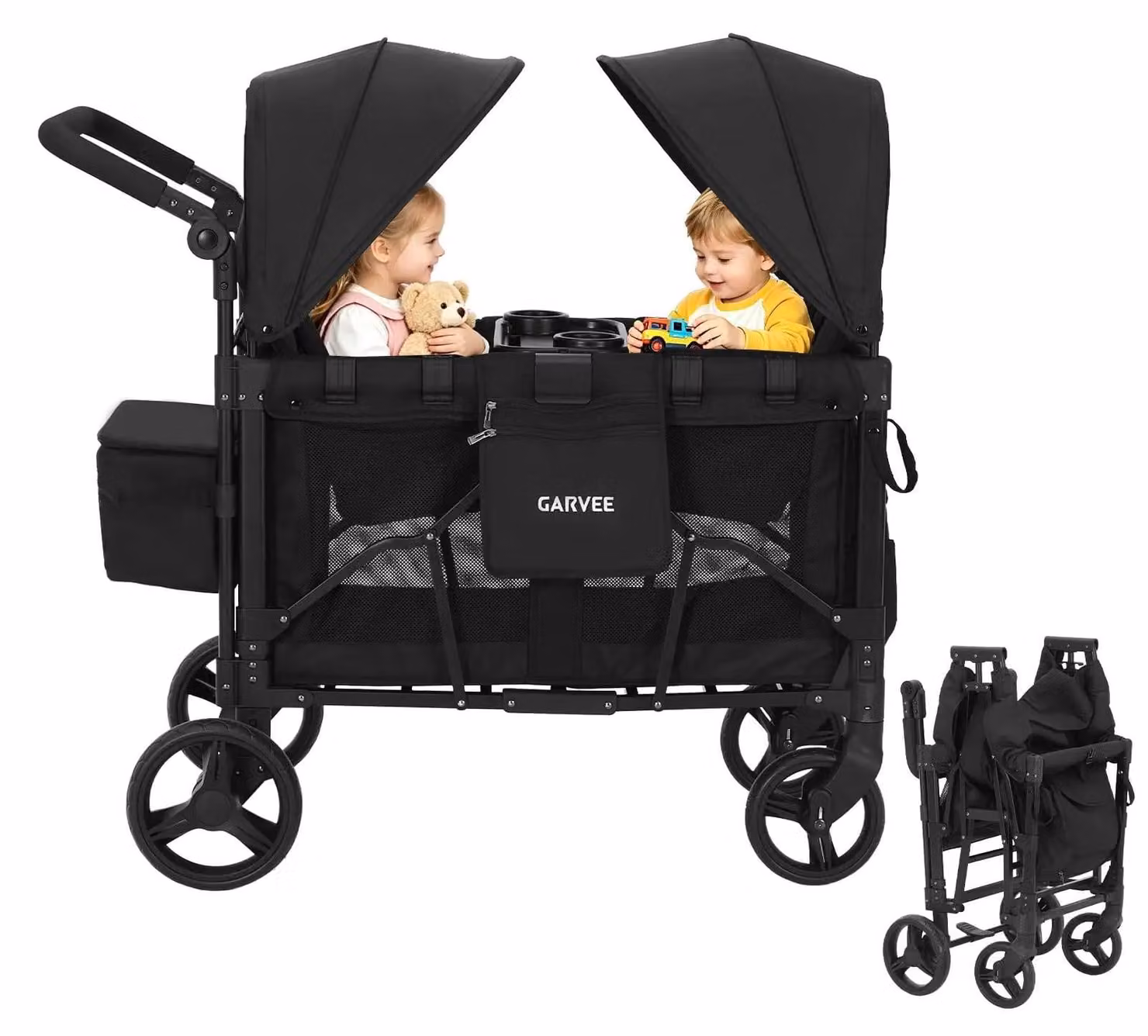 Carrozzina 2 in 1 - Carrozzina pieghevole a due posti per fratelli - Carrozzina da spiaggia - Adatta al fuoristrada - Con tettuccio e vassoio porta-snack - Per bambini da 1 a 2 anni - Nera