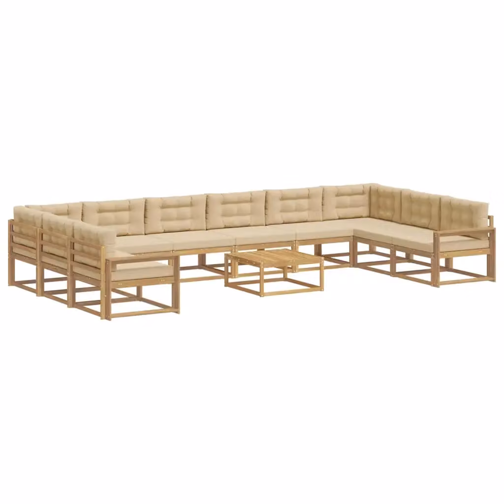 Set di divani da esterno vidaXL a forma di L con tavolo da caffè, 11 pezzi, in legno di acacia e tessuto bianco, beige e marrone – 2