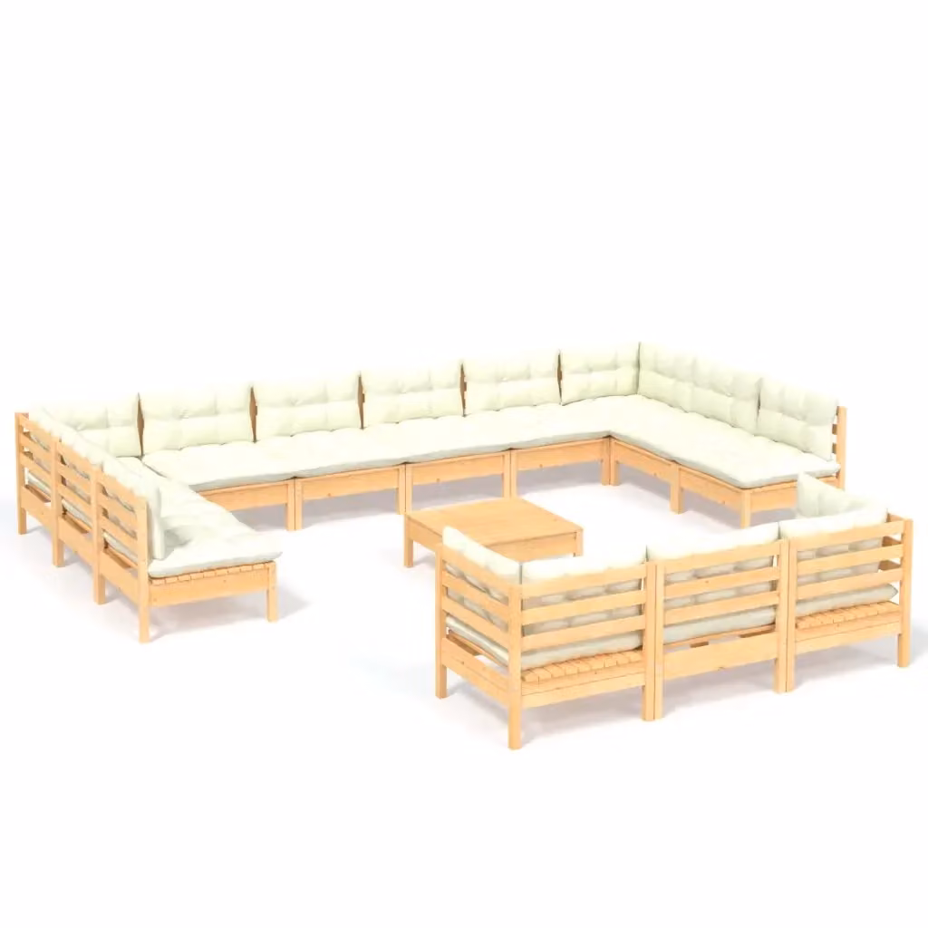 Set di Divani da Giardino vidaXL a Forma di U in Legno di Pino Massello con Cuscini Beige, 14 Pezzi – 2