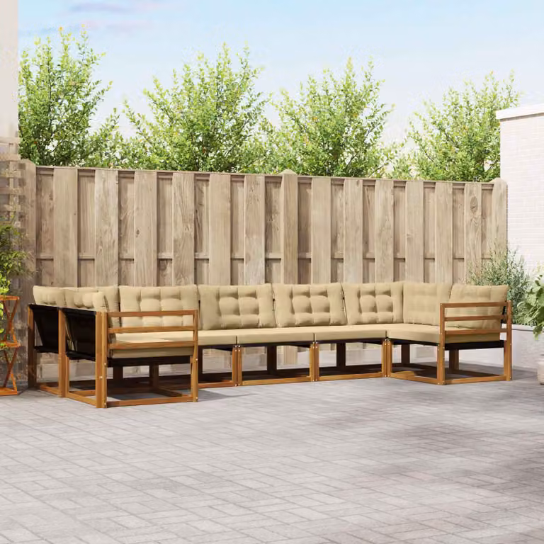 Set di divani da esterno vidaXL 7 pz in legno di acacia e textilene, colore beige e naturale, con cuscini inclusi e design moderno a forma di L per giardino e terrazza
