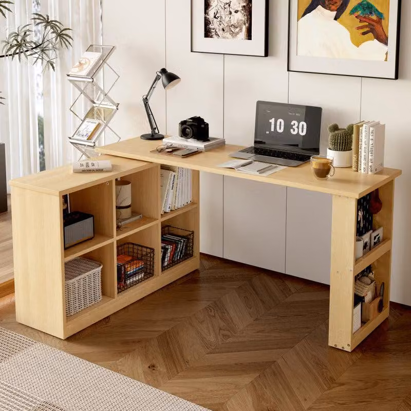 Scrivania o tavolo per computer con 6 scomparti portaoggetti e piano in MDF effetto naturale