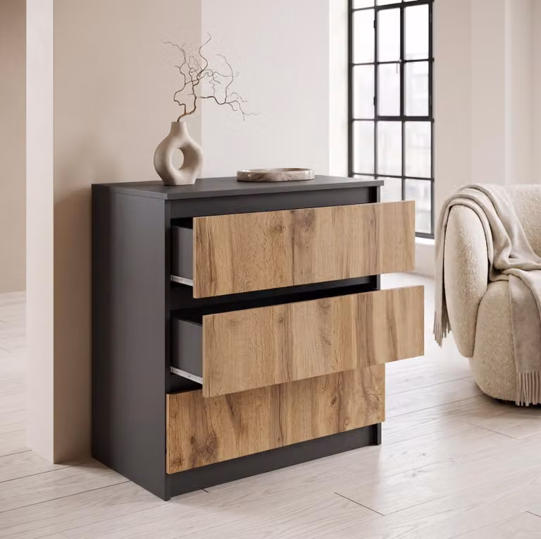 Comò moderno con 3 cassetti | Comodino bianco | Comò a cassetti 70x74,5x40 cm | Per camera da letto, soggiorno e ingresso, antracite / Wotan