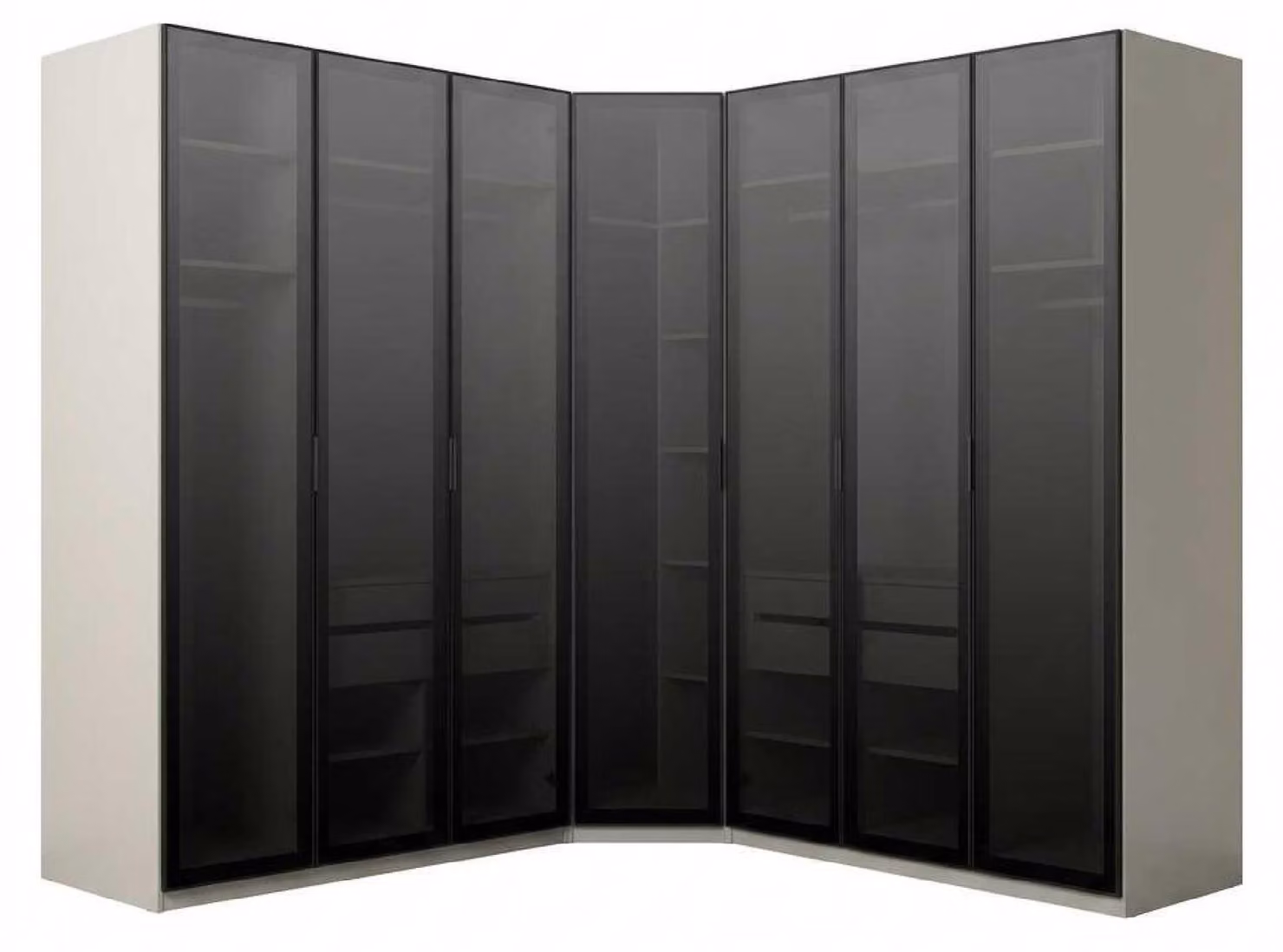 Armadio angolare beige e nero, design moderno ed elegante, con ante in vetro