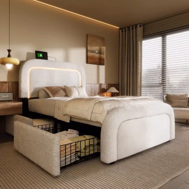Letto singolo imbottito ULEVR 90x200 cm con 2 cassetti, LED, USB e Type-C, testiera regolabile, bianco