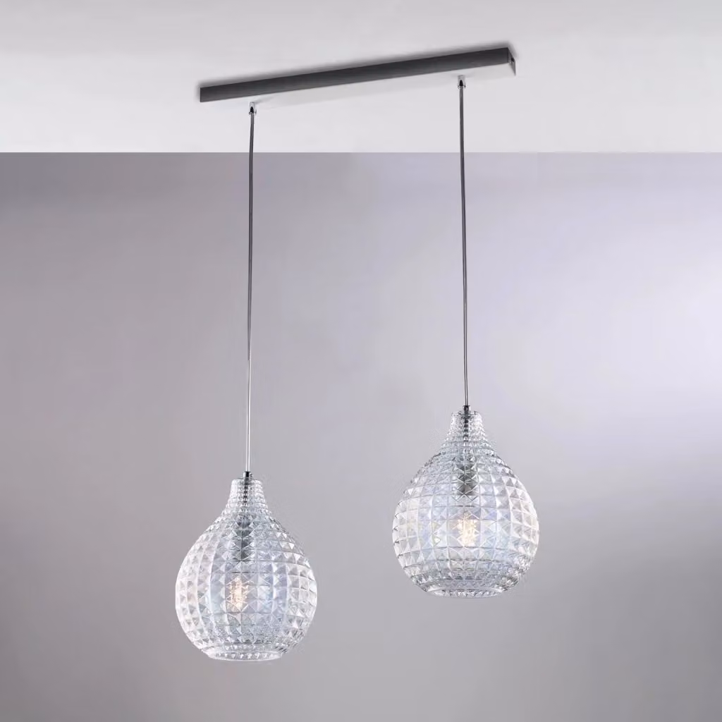Lampada a sospensione Diamante BELIGHT con 2 luci in vetro soffiato trasparente e binario in metallo bianco – 2
