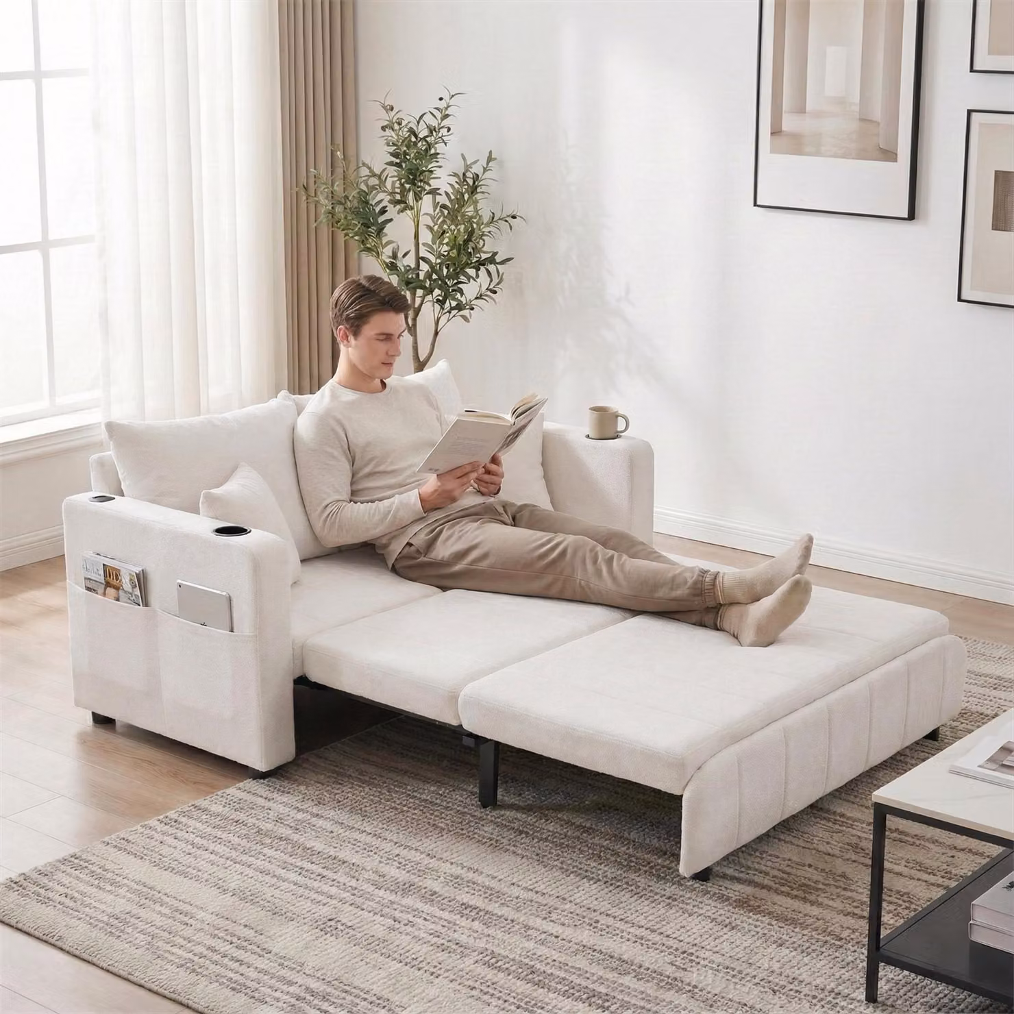 LVHOM Divano letto con schienale regolabile in 3 posizioni e USB, divano letto estraibile, 2 posti con portabicchieri Salvaspazio 139x73x83cm, Beige