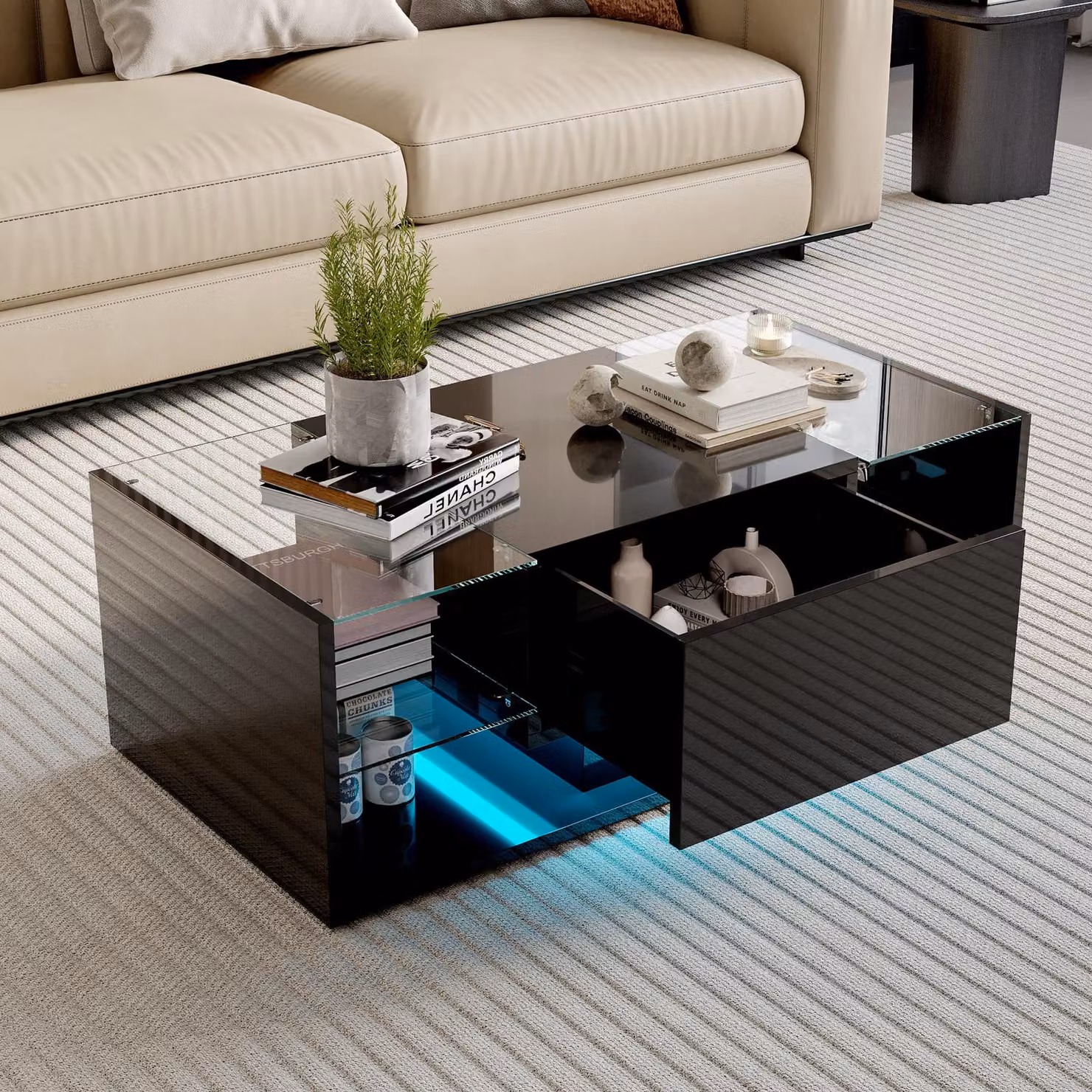Tavolino LED galleggiante, nero, piano in vetro temperato, illuminazione LED controllabile tramite app e telecomando