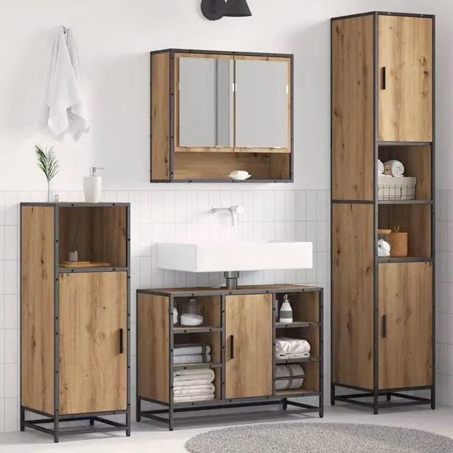 Mobile bagno moderno vidaXL in legno e metallo color rovere e nero con ante a battente e scaffale aperto L/P/H: 188,5 x 37,5 x 35,0 cm – 1