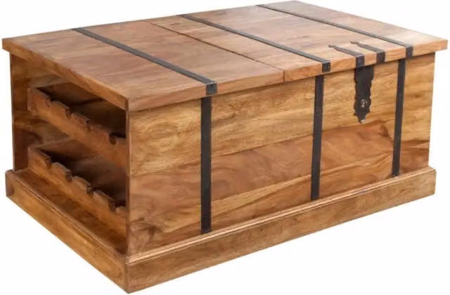 Tavolino da salotto cassapanca TRESORO 100 cm in legno massello di Sheesham con porta bottiglie