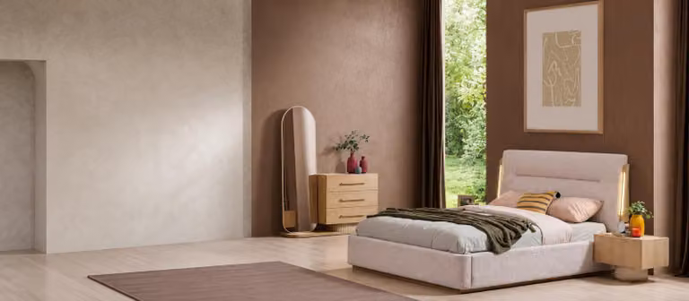 Set moderno per camera da letto, completo di letto imbottito, comodini e cassettiera