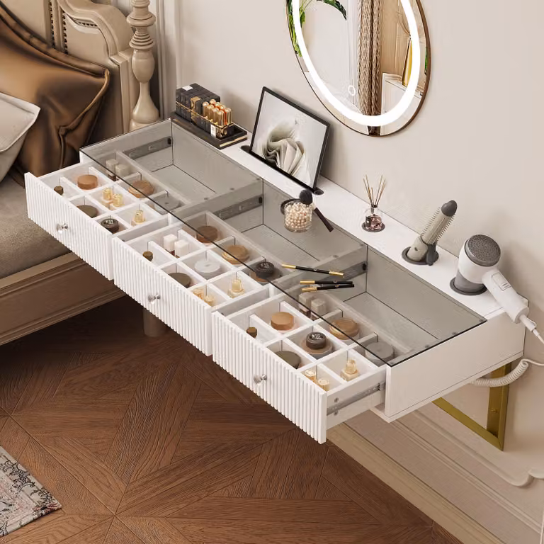 MODFU Trolley da toeletta con 3 cassetti, trolley da toeletta sospeso con supporto per tablet e portabevande, specchio da toeletta adatto per camere da letto e soggiorni, bianco