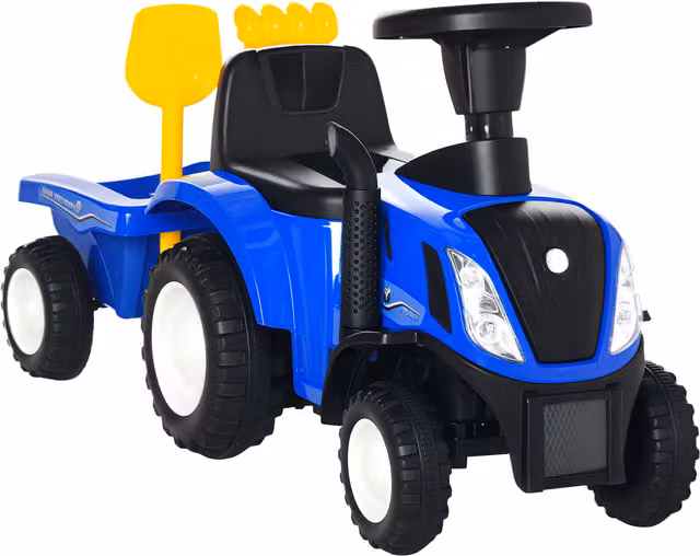 Trattore Cavalcabile HOMCOM per Bambini con Rimorchio, Rastrello e Pala, Gioco Educativo Blu, L: 91 cm, P: 29 cm, H: 44 cm – 1