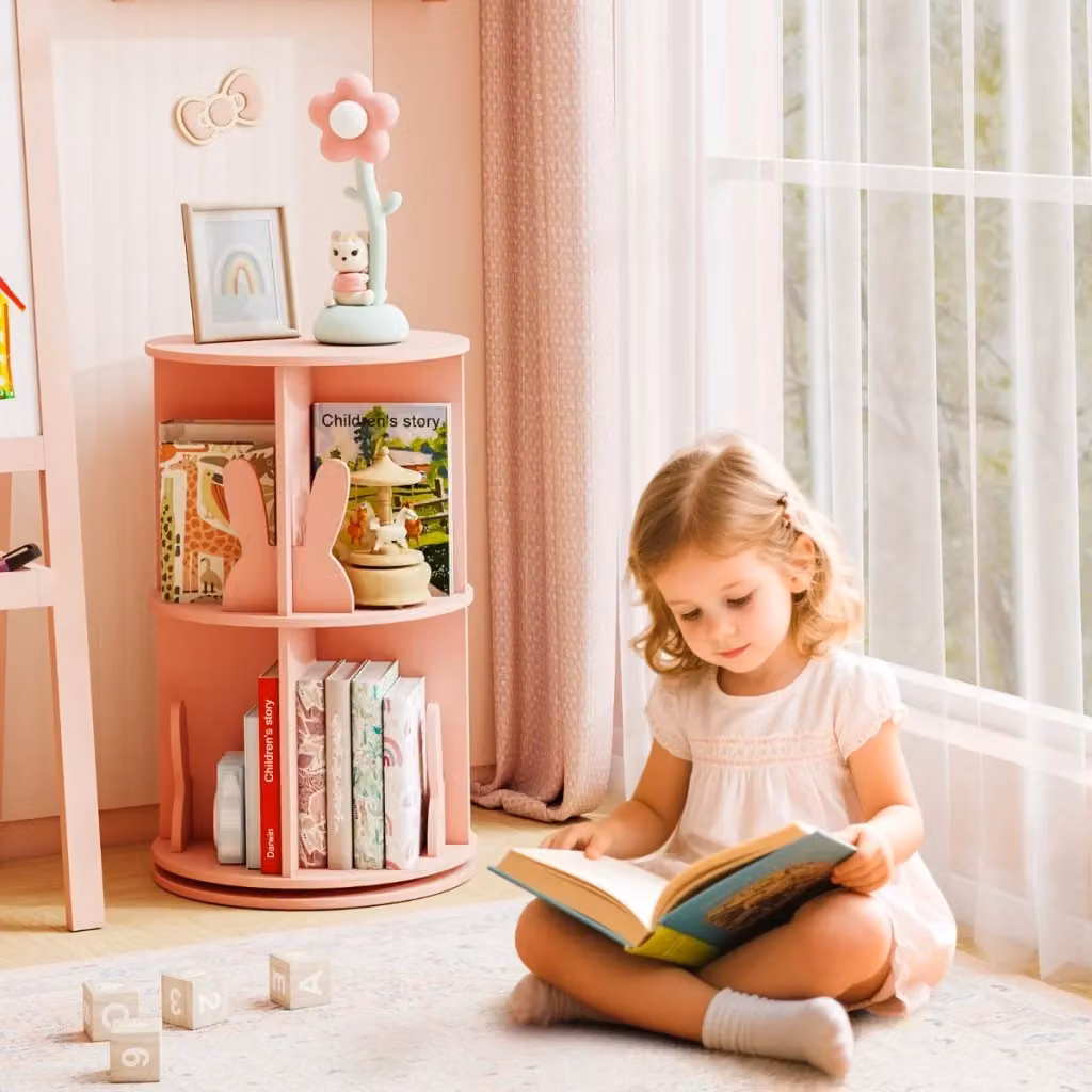 Set per cameretta bambini Design Mania composto da libreria rotante a 2 ripiani e tavolo con sedie in legno color rosa – 2