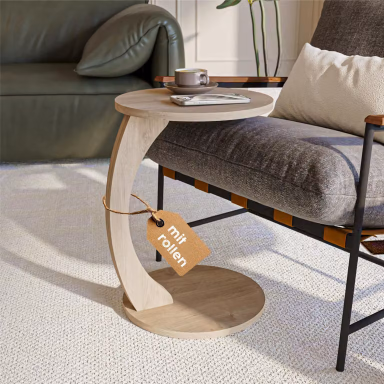 Tavolino da salotto a forma di "C" con ruote, finitura effetto rovere fumé