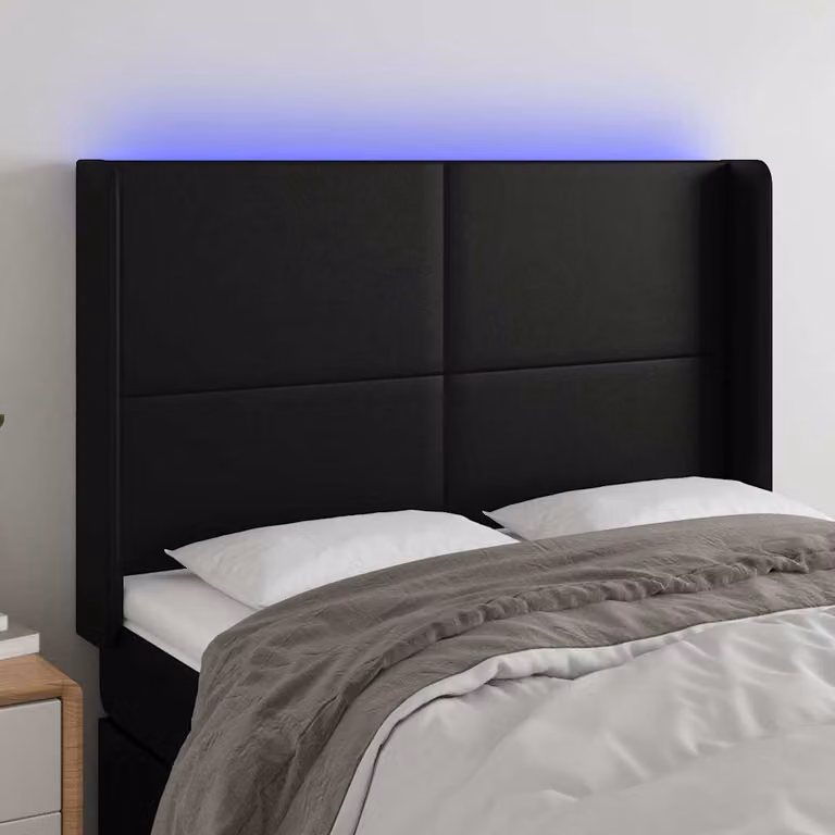 Testiera per letto vidaXL in similpelle nera con illuminazione LED integrata e porta di ricarica USB, L: 147 cm, P: 16 cm, H: 118/128 cm