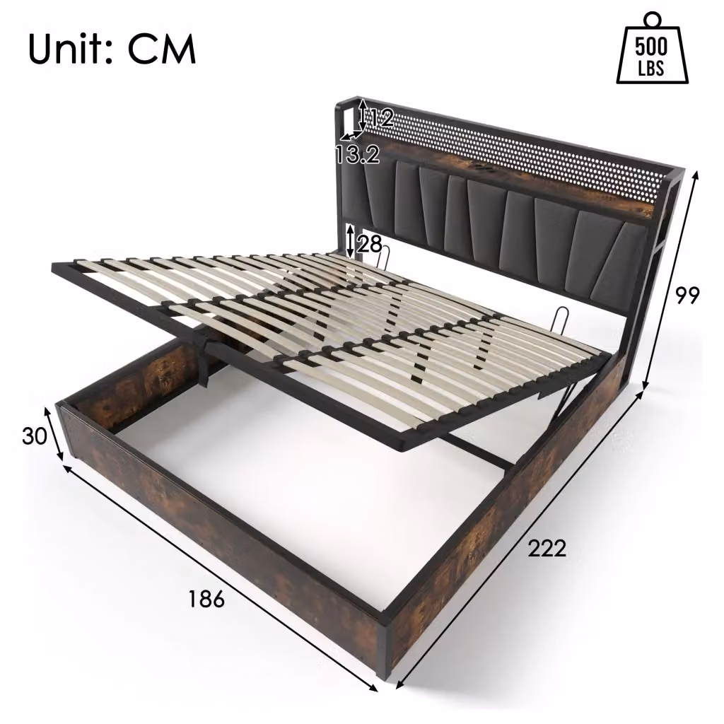 Letto matrimoniale moderno KOMHTOM in tessuto grigio con base contenitore a sollevamento, illuminazione sottostante e porta USB, L/P/H: 222 x 180 x 60,6 cm – 2