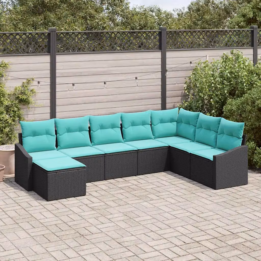 Set di divani da giardino vidaXL 8 pezzi in rattan nero con cuscini color turchese e tavolino da esterno
