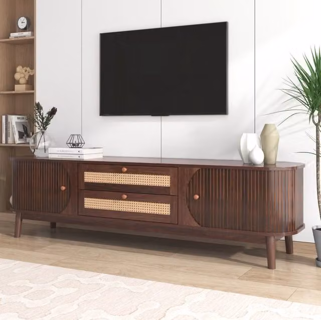 Mobile TV Mid Century in MDF e Rattan con Ante Scorrevoli e Cassetti, Colore Beige e Marrone, L/P/H: 170 x 46 x 39,5 cm