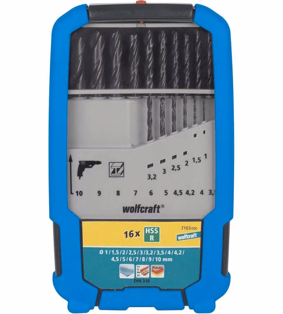 Wolfcraft Punte da Trapano HSS Rullate 16 Pezzi 10mm Nero