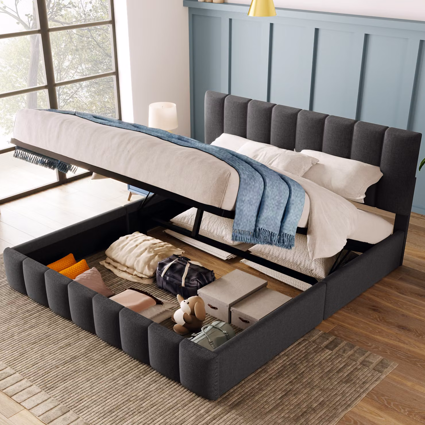 Letto imbottito Merax 140x200cm con rete e doghe, rete a molle idrauliche letto matrimoniale letto contenitore per biancheria, grigio