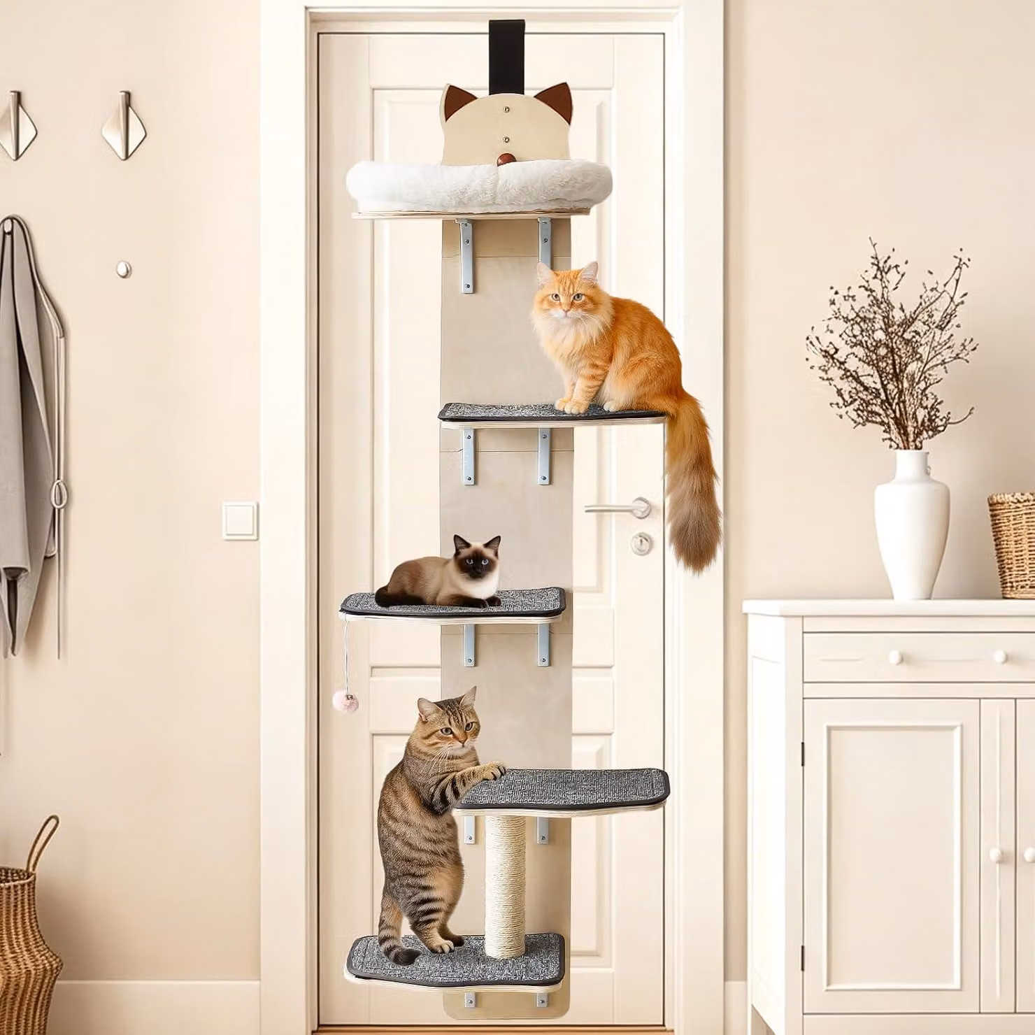 Albero per gatti da montare sulla porta, a 5 livelli, con piattaforme rivestite in tessuto, ideale come tiragraffi, adatto a gatti di piccola e media taglia