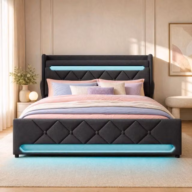 Letto matrimoniale 140 × 200 cm con vano idraulico LED 360 gradi testiera con USB e USB C grigio in lino