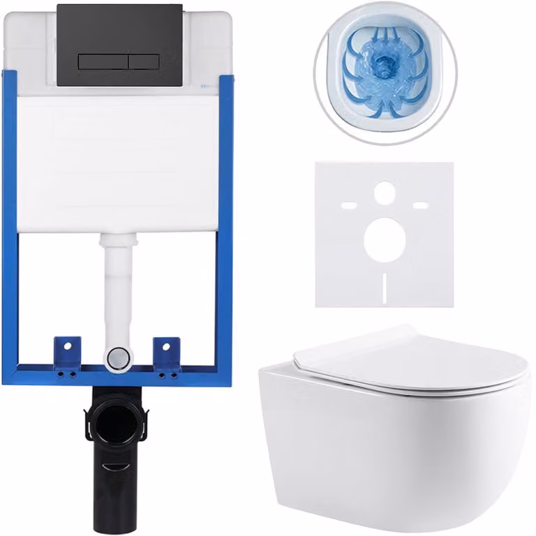 CERANO - Set completo per WC da incasso Lite/Felci - bianco lucido - pulsante WC Slim, nero opaco - da incasso - 52,5x36 cm