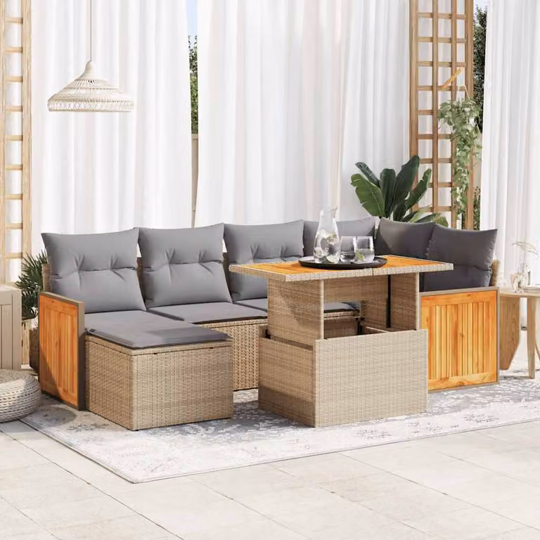Maison Exclusive - Set Divani da Giardino 7 pz con Cuscini Beige Polyrattan Acacia