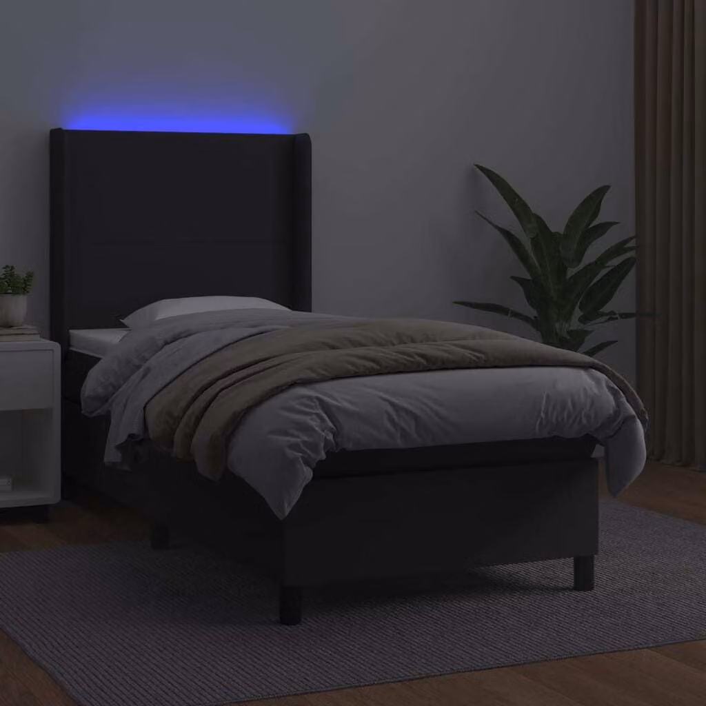 The Living Store Letto a molle con materasso e LED nero 90x200 cm in ecopelle