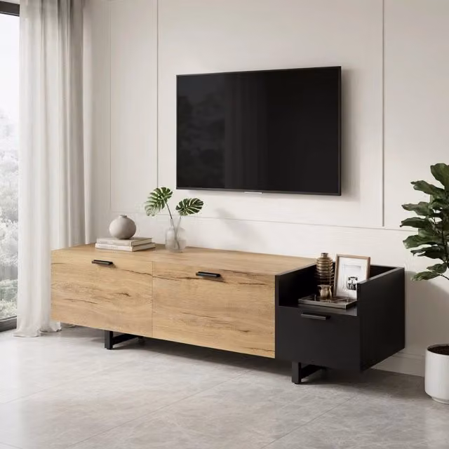 Cassettiera TV moderna KOMHTOM nera e multicolore con finitura opaca, L: 180 cm, P: 38 cm, H: 49 cm