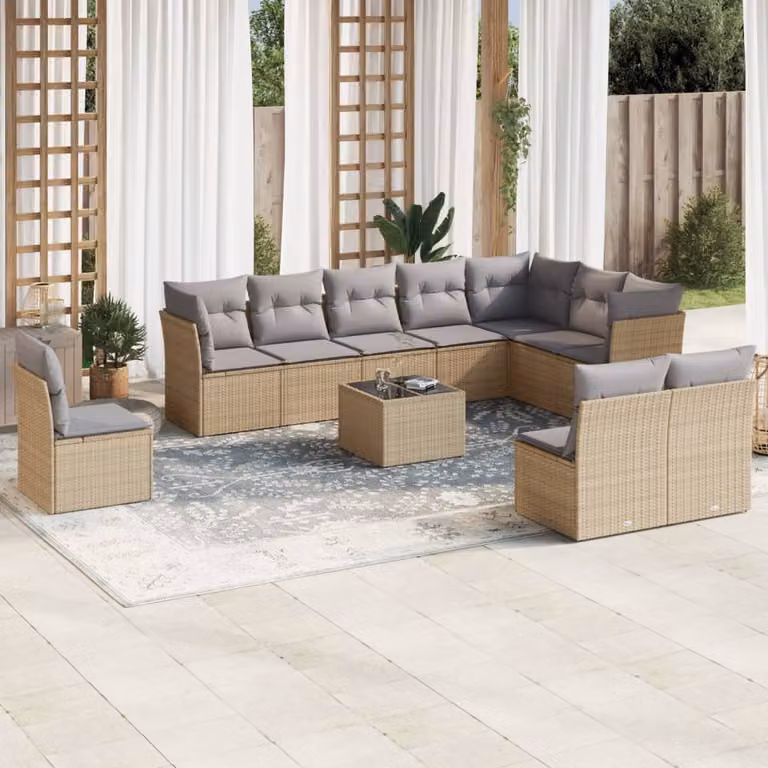 vidaXL Set Divani da Giardino 11 pz in Polyrattan con Cuscini Beige e Tavolino da Esterno