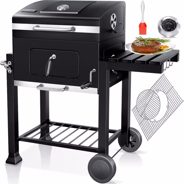 KESSER® Carrello per barbecue XXL, barbecue a carbone con coperchio, ruote, maniglia in acciaio inossidabile, griglia e termometro