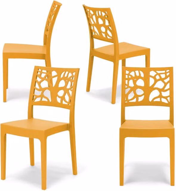 Set 4 sedie in polipropilene TETI, impilabile, resistente ai raggi UV, design moderno, ideale per sala da pranzo, cucina, sala d’attesa, bar, ristoranti o giardino, colore Giallo Ocra