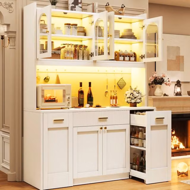 Mobile alto da cucina ULEVR 120x40x187 cm con LED RGB, 3 vetrine in vetro e ripiani estraibili, bianco