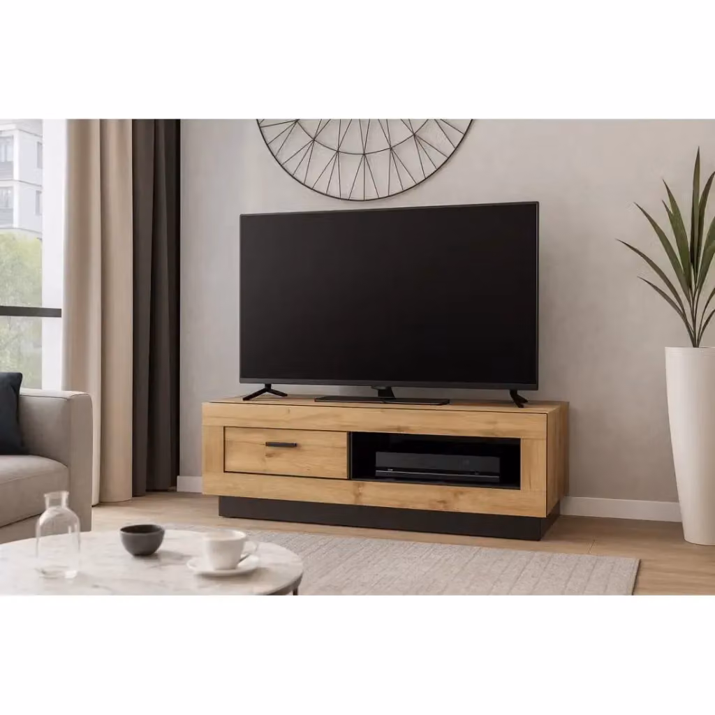 Mobile TV MALAGA Meublorama in stile industriale, colore quercia e nero, L 120 cm x P 45 cm x H 48 cm – 2
