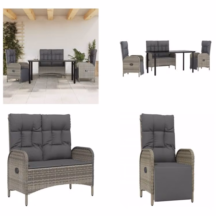 vidaXL Set da pranzo da giardino 4 pezzi con cuscini in poly rattan grigio - Set da pranzo da giardino - Set da pranzo da giardino - Set da giardino - Set di mobili da giardino