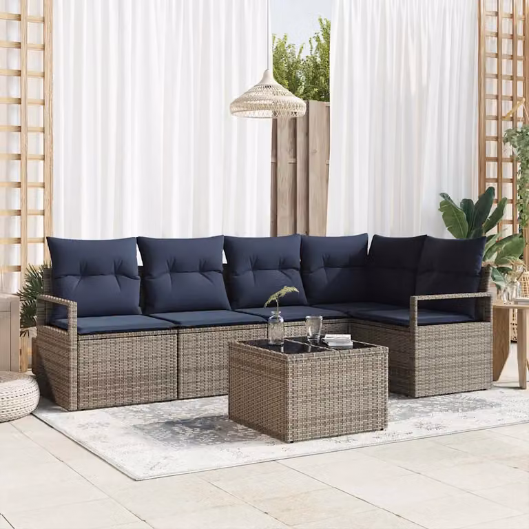 Set di divani da giardino vidaXL in polyrattan grigio con cuscini, composto da 6 pezzi con divani a 2 e 3 posti, elemento angolare e tavolino da caffè