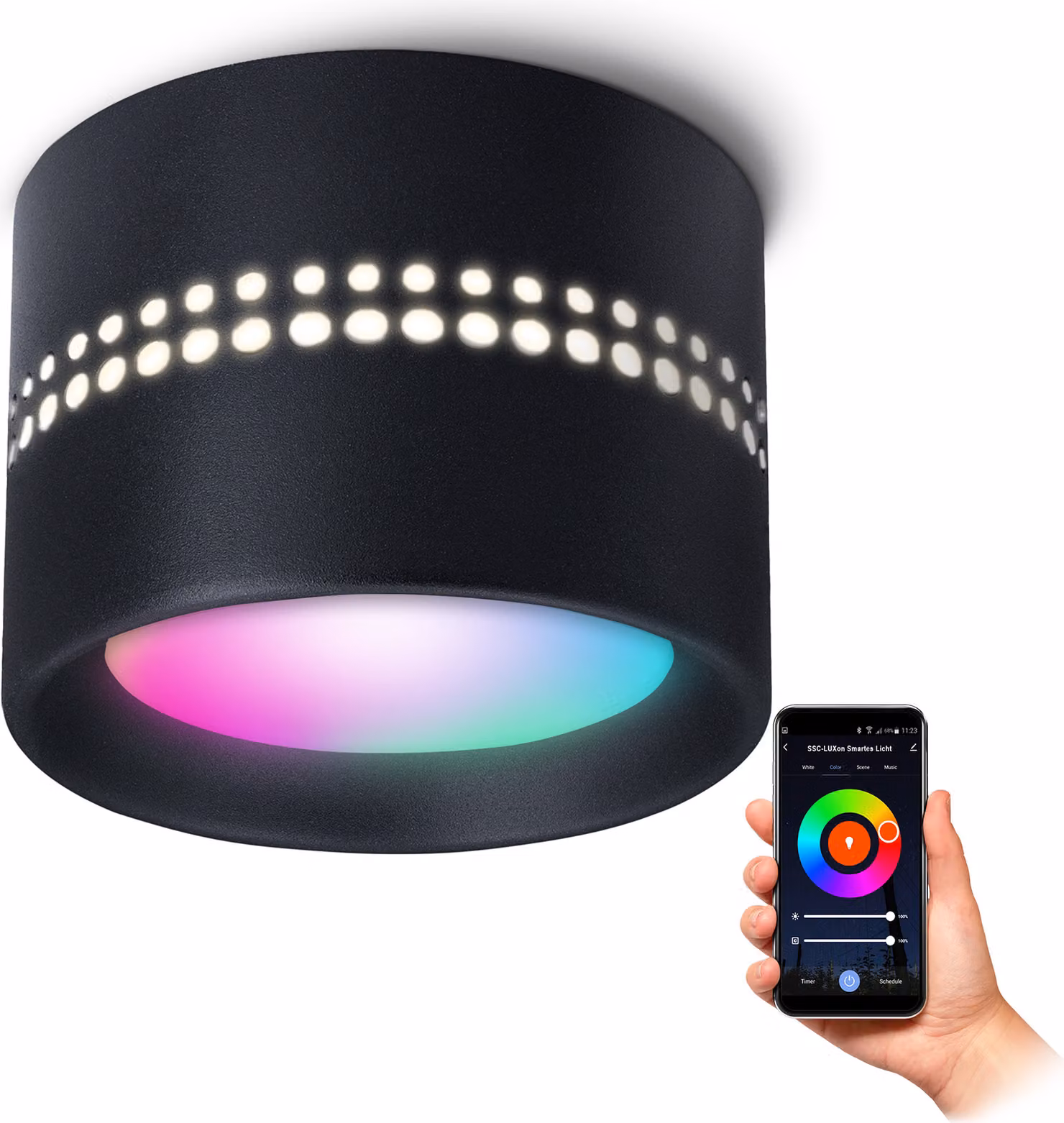 SSC-LUXon ALAPI plafoniera spot nera compatibile con Alexa, Siri e Google - Lampada a superficie piatta incl. Smart GX53 LED WLAN RGB+W
