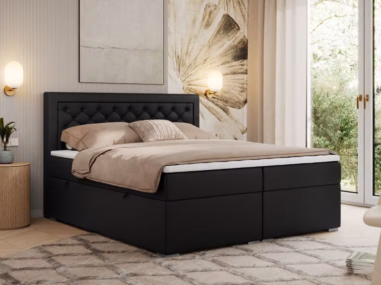 MKS MEBLE Letto boxspring 160x200 con contenitore, letto imbottito 160x200 con materasso H3 e topper, letto boxspring 160x200, letto imbottito 160x200, letto 160x200 con testiera - Pelle finta nera - H3 - Jasir
