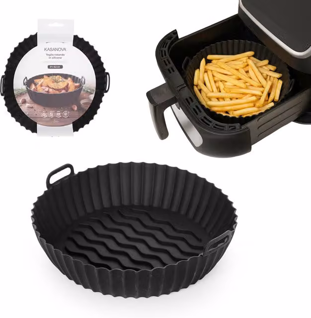 Teglia tonda Kasanova in silicone nero per friggitrice ad aria, diametro: 21 cm