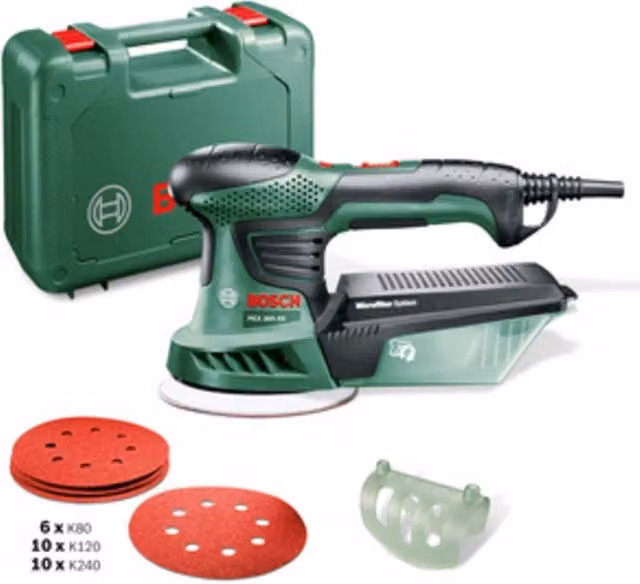 Levigatrice rotorbitale Bosch PEX 300 AE verde da 270W con diametro 125 mm