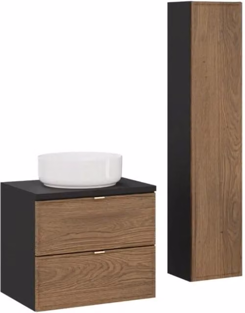 Set SAVIA: mobile sottolavabo 60cm + lavabo bianco rotondo da appoggio + colonna di stoccaggio